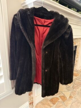 Vintage Del Bene Women's Dark Brown Faux Fur Hooded Coat with Red Lining